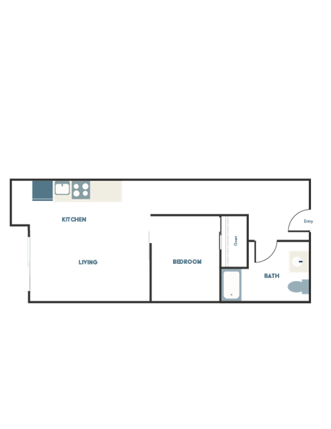 A floor plan of a house with a living room, kitchen, bedroom and bathroom.